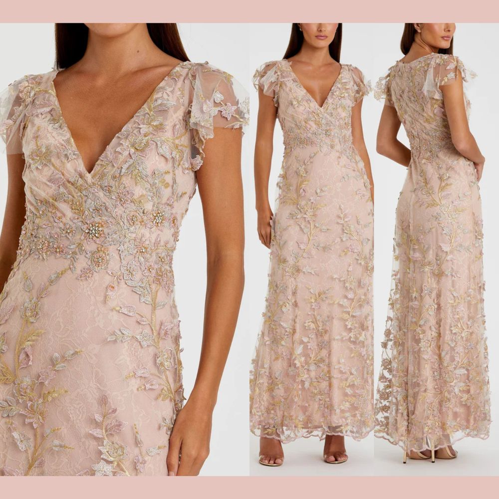 New Mac Duggal [ 12 ] 68192 Applique Wrap Over Flutter Sleeve Gown Rose Gold